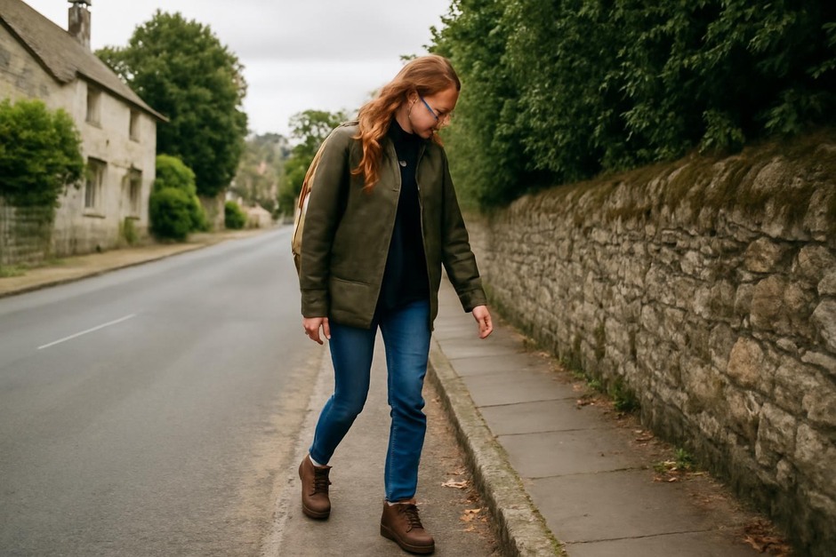 Person walking along a quiet street, noticing small details