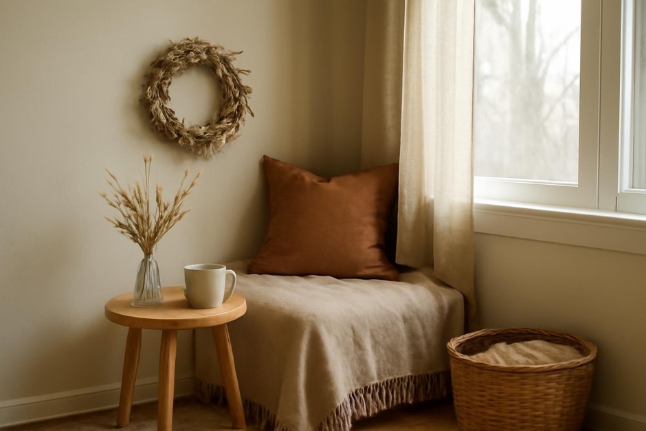 cozy seasonal nook on a living room corner