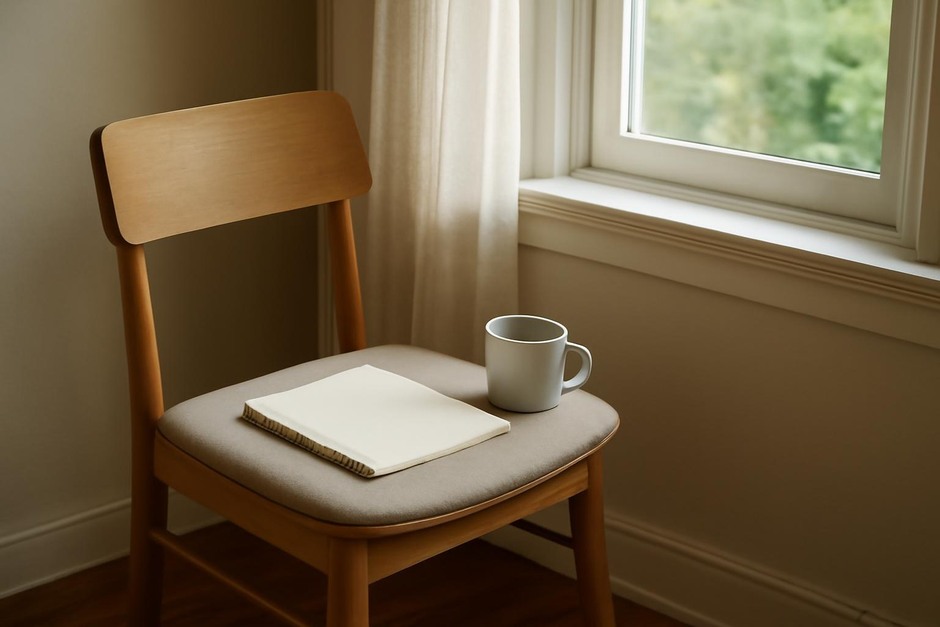 A small chair by a sunny window with a cup and notebook