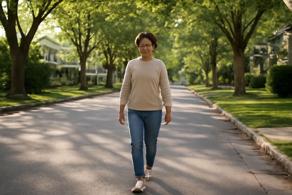 person walking down a quiet, tree-lined street at a relaxed pace